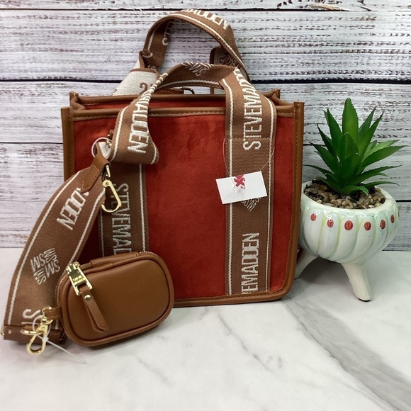 STEVE MADDEN BAG AIRPOD BROWN GINGER SATCHEL FAUX SUEDE BWEBBER PURSE NWT TIKTOK - Picture 1 of 15